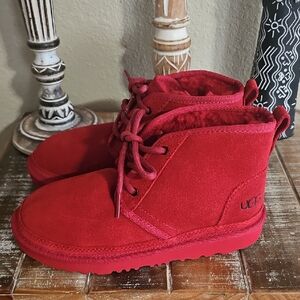 UGG Kids Red Suede Lace-Up Ankle Boots
